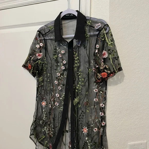 MANFINITY Black Sheer Top with Floral Embroidery - Picture 2 of 8